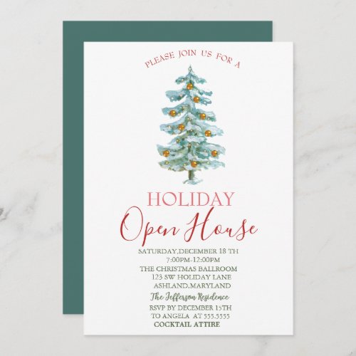 Watercolor Pine TreeGold Balls Open House  Invitation