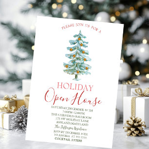 Watercolor Pine Tree,Gold Balls Open House Invitation