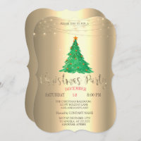 Watercolor Pine Tree, Gold Christmas Party  Invitation