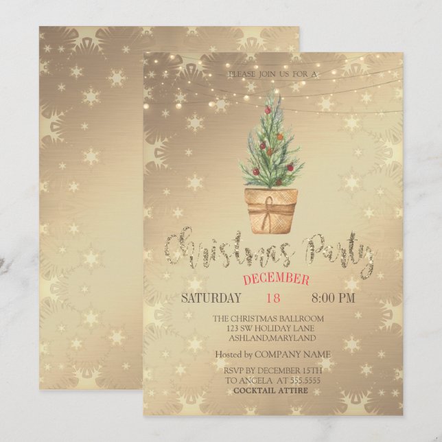 Watercolor Pine Tree, Gold Christmas Party Invitation (Front/Back)