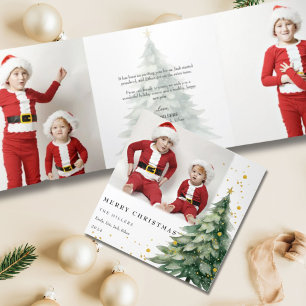Watercolor Pine Tree Gold Photo Christmas Tri-Fold Holiday Card