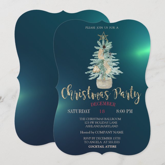Watercolor Pine Tree,Green Christmas  Invitation (Front/Back)