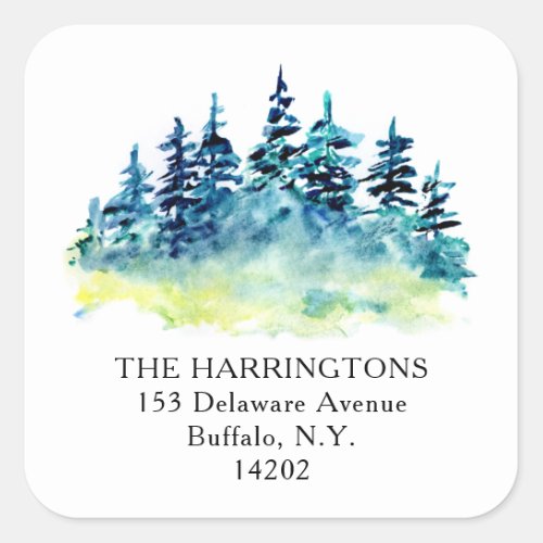 Watercolor Pine Tree Hand_Drawn Return Address Square Sticker