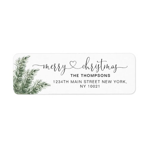 Watercolor Pine Tree Heart Script Merry Christmas Label