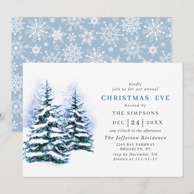 Watercolor Pine Tree Holiday CHRISTMAS EVE Invitation (Front/Back)