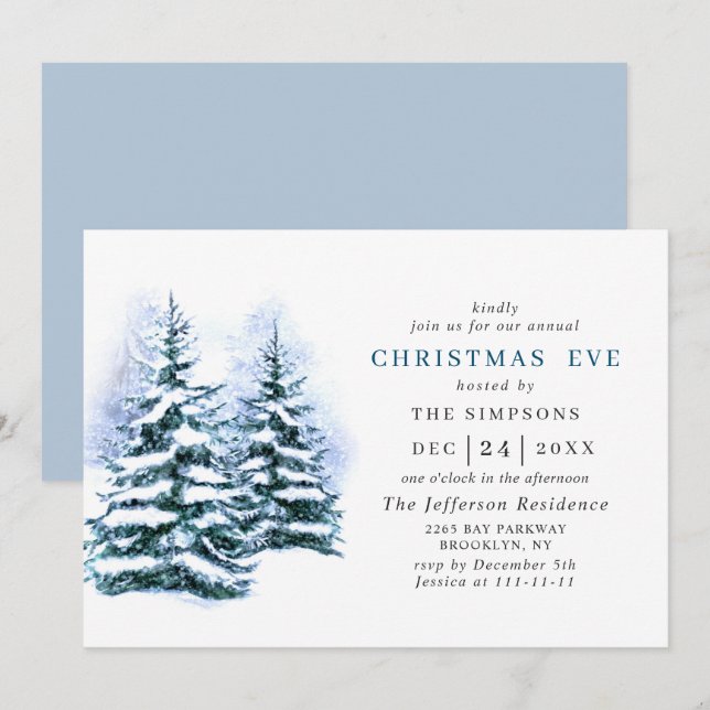 Watercolor Pine Tree Holiday CHRISTMAS EVE Invitation (Front/Back)