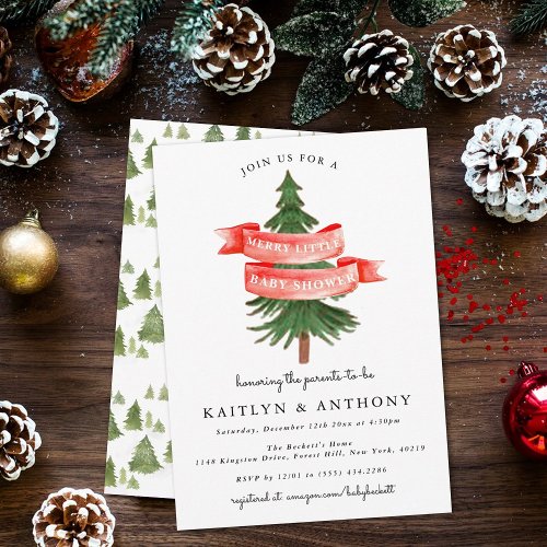 Watercolor Pine Tree Merry Little Baby Shower Invitation