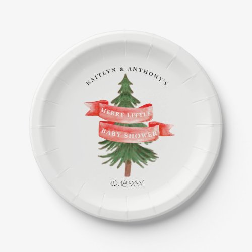 Watercolor Pine Tree Merry Little Baby Shower Paper Plates