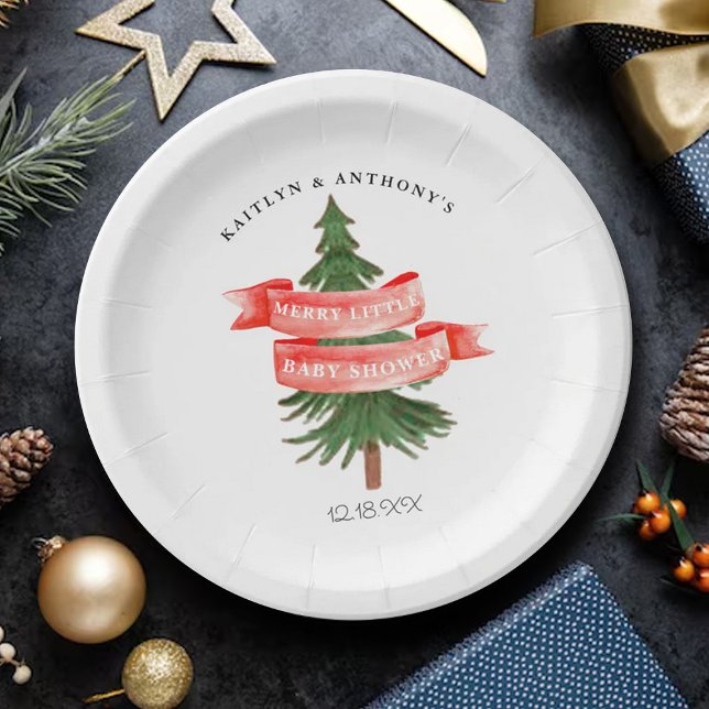 Watercolor Pine Tree Merry Little Baby Shower Paper Plates (Creator Uploaded)