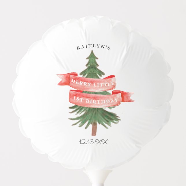 Watercolor Pine Tree Merry Little Birthday Balloon (Front)