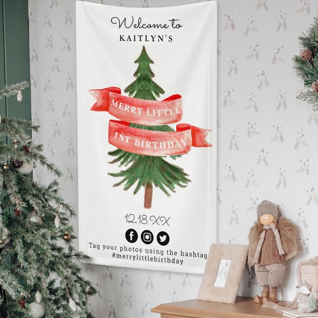 Watercolor Pine Tree Merry Little Birthday Banner (Creator Uploaded)