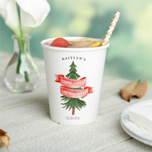 Watercolor Pine Tree Merry Little Birthday Paper Cups (Insitu)