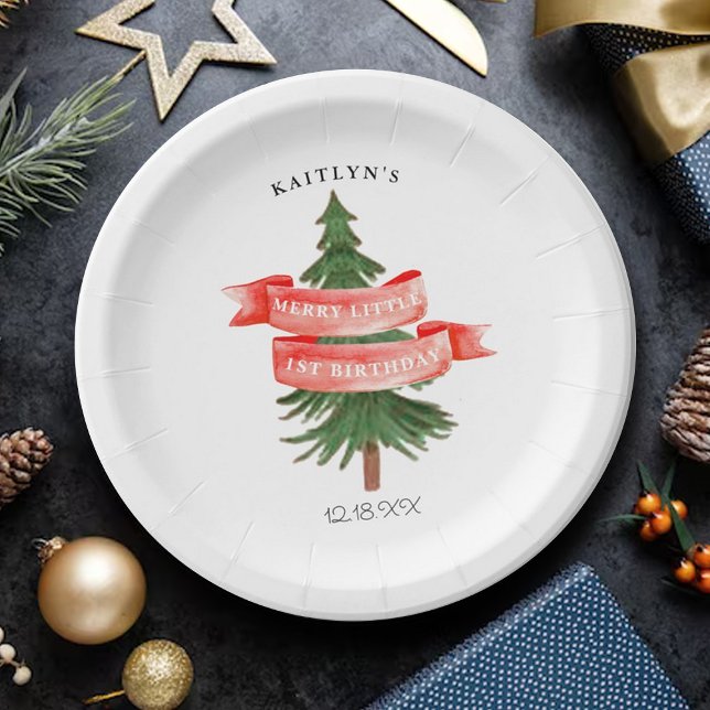 Watercolor Pine Tree Merry Little Birthday Paper Plates (Creator Uploaded)