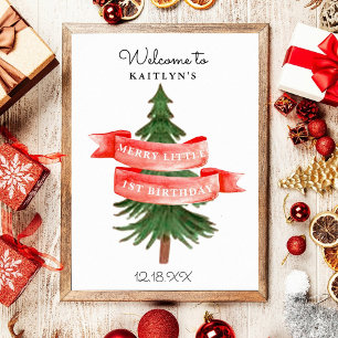 Watercolor Pine Tree Merry Little Birthday Poster