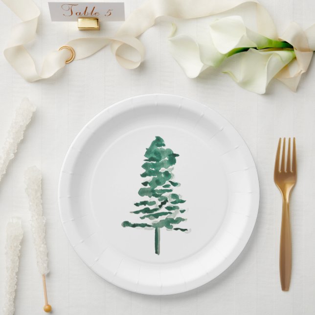 Watercolor Pine Tree Modern Christmas Paper Plates (Wedding)