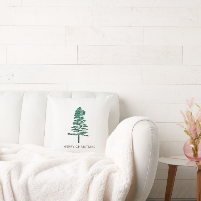 Watercolor Pine Tree Modern Christmas Throw Pillow (Couch)
