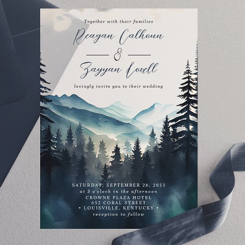 Custom Wedding 12 Watercolor Pine Tree Mountain Calligraphy Wedding Vellum Invitations