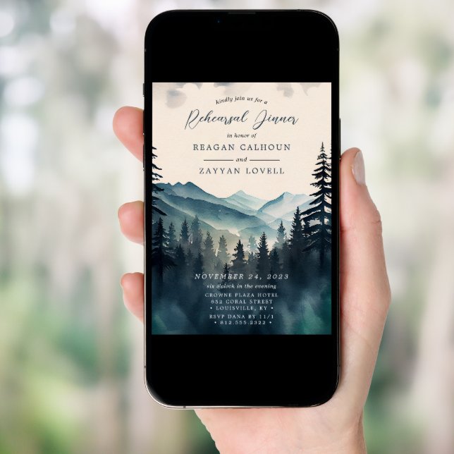 Watercolor Pine Tree Mountain Rehearsal Dinner Invitation (Front Digital)