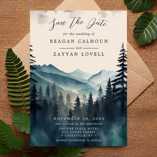 Watercolor Pine Tree Mountain Save The Date Card