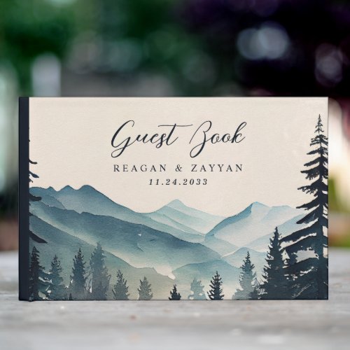 Watercolor Pine Tree Mountain Wedding Guest Book