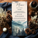 Watercolor Pine Tree Mountain Wedding Menu<br><div class="desc">Transform your dining experience with the Watercolor Pine Tree Mountain Wedding Menu. Crafted on high-quality card stock, this menu features a tranquil watercolor scene of pine trees and majestic mountains, setting a rustic yet sophisticated tone for your meal. The menu details, displayed in a clear, modern typeface, add an element...</div>