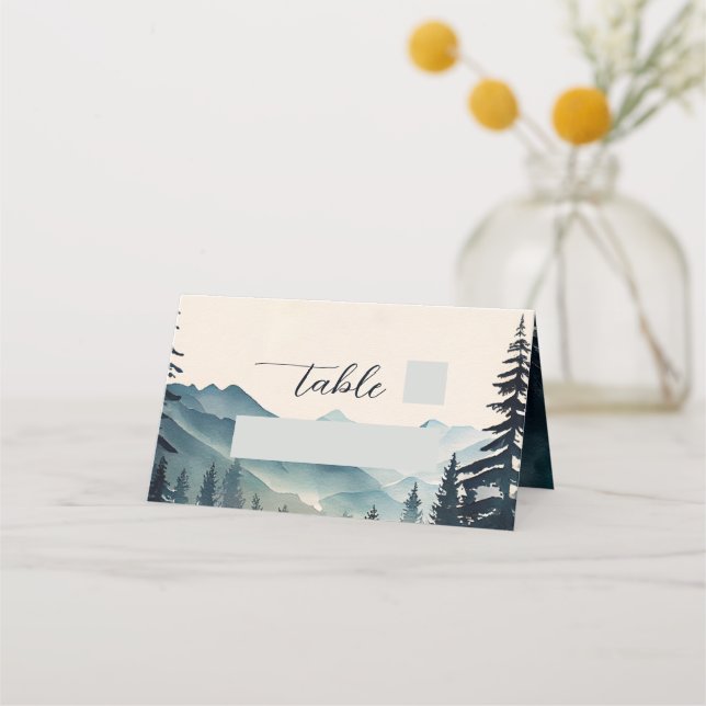 Watercolor Pine Tree Mountain Wedding  Place Card (Front)