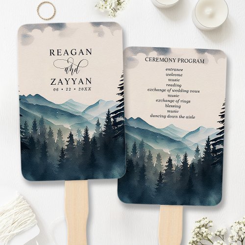 Wedding Fan Programs 12 Watercolor Pine Tree Mountain Wedding Program Hand Fan