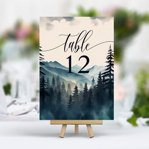 Watercolor Pine Tree Mountain Wedding Table Number