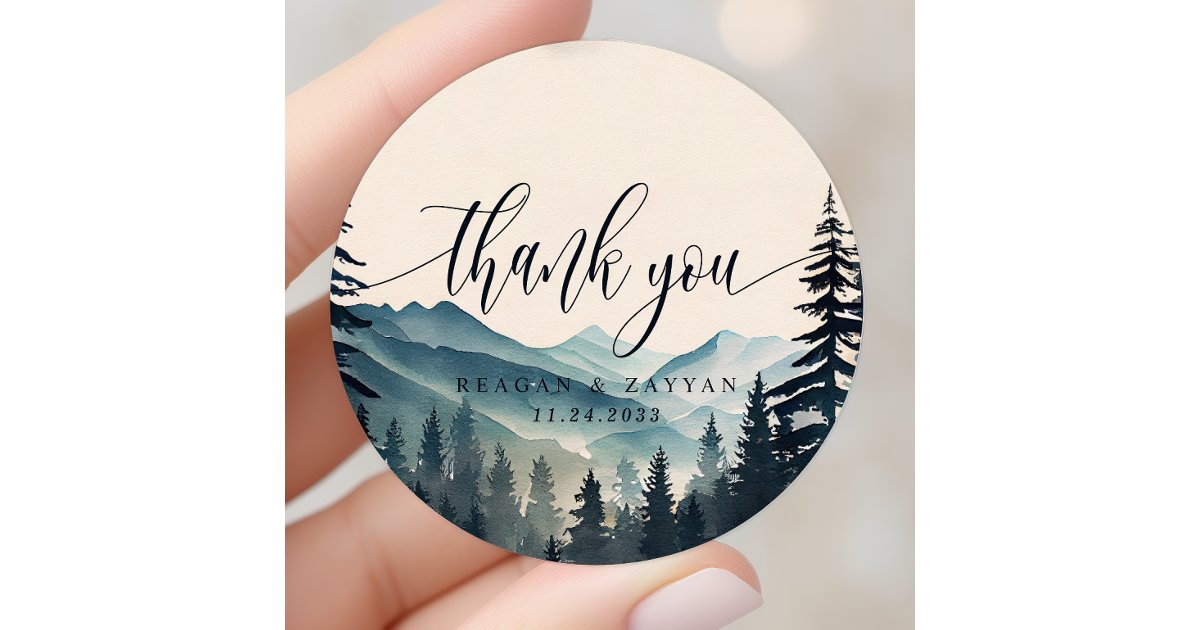 Watercolor Pine Tree Mountain Wedding Thank You Classic Round Sticker ...