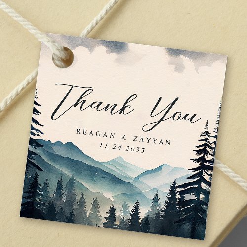 Watercolor Pine Tree Mountain Wedding Thank You Favor Tags
