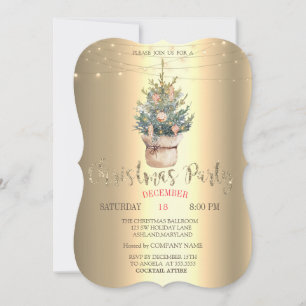 Watercolor Pine Tree,Ornaments Gold Christmas Invitation