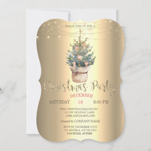 Watercolor Pine TreeOrnaments Gold Christmas Invitation