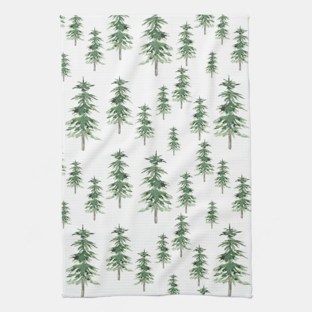 Watercolor Pine Tree Pattern Kitchen Towel (Vertical)