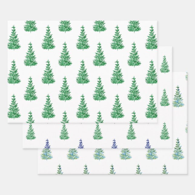 Watercolor Pine Tree Patterns Wrapping Paper Sheets (Set)