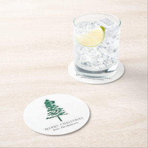 Watercolor Pine Tree Photo Modern Christmas Round Paper Coaster