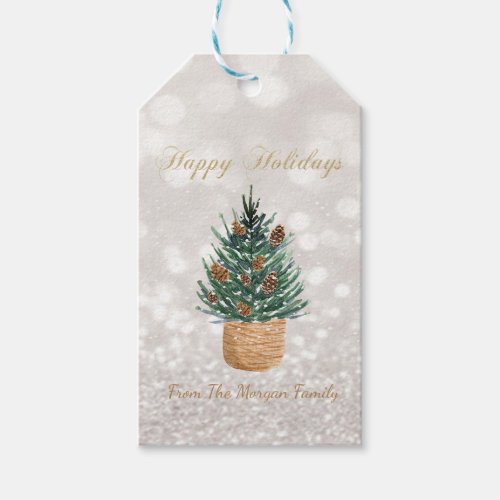 Watercolor Pine TreePine cones Glitter Bokeh  Gift Tags