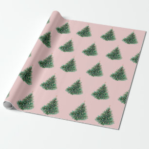 Watercolor Pine Tree Pink Christmas Wrapping Paper