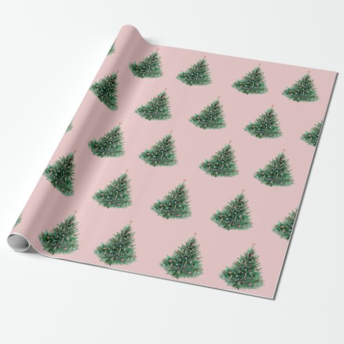 Watercolor Pine Tree Pink Christmas Wrapping Paper