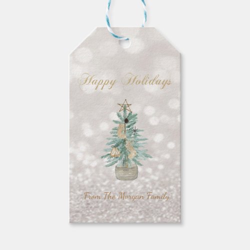 Watercolor Pine Tree Star Glitter Bokeh Gift Tags