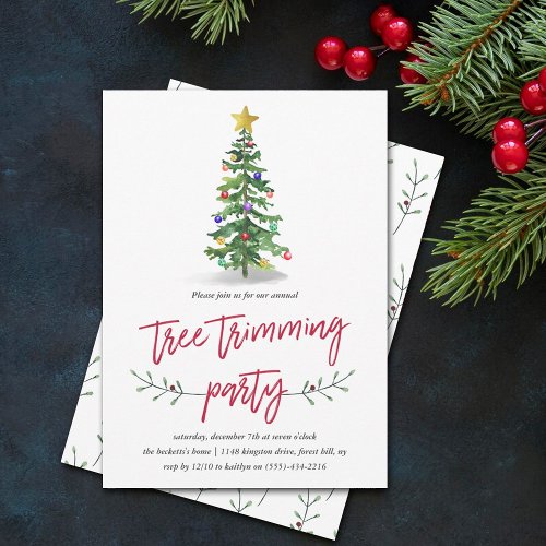 Watercolor Pine Tree Trimming Holiday Party Invitation