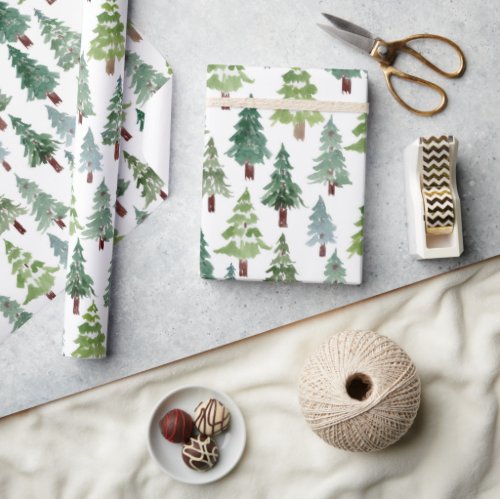  Watercolor Pine Tree Winter Forest Pattern  Wrapping Paper