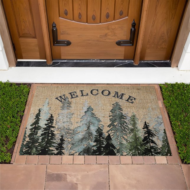 Watercolor Pine Tree Woods Forest Welcome Doormat (Outdoor)
