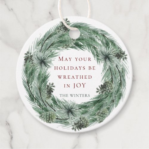 Watercolor Pine Tree Wreath Christmas Green  Red  Favor Tags