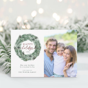 Watercolor Pine Tree Wreath Christmas Photo Holiday Card