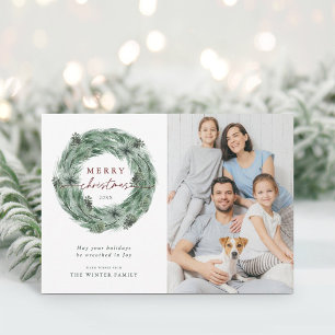 Watercolor Pine Tree Wreath Merry Christmas Photo Holiday Card