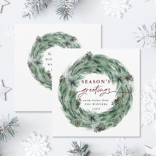 Watercolor Pine Tree Wreath Season's Greetings Holiday Card