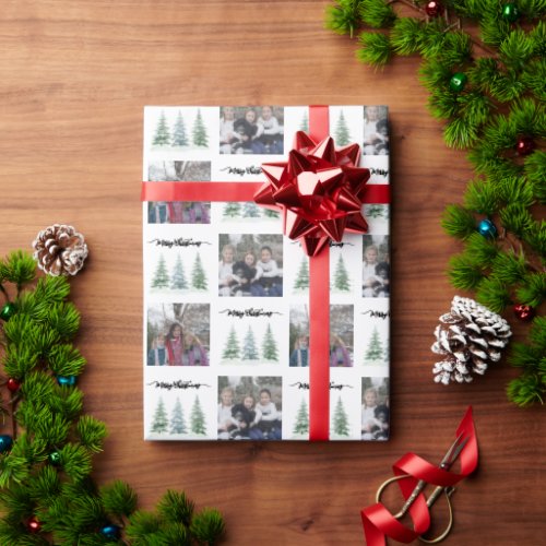 Watercolor Pine Trees 2 Photo Merry Christmas Wrapping Paper