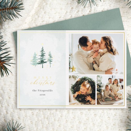 Watercolor Pine Trees 3 Photo Collage Christmas Foil Holiday Card