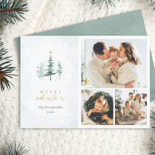 Watercolor Pine Trees 3 Photo Collage Christmas Holiday Card