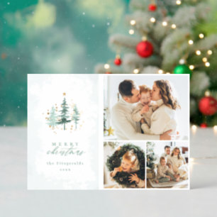 Watercolor Pine Trees 3 Photo Collage Christmas Letterpress Photo Cards